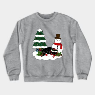 Winter Cat with Christmas Tree and Snowman Crewneck Sweatshirt